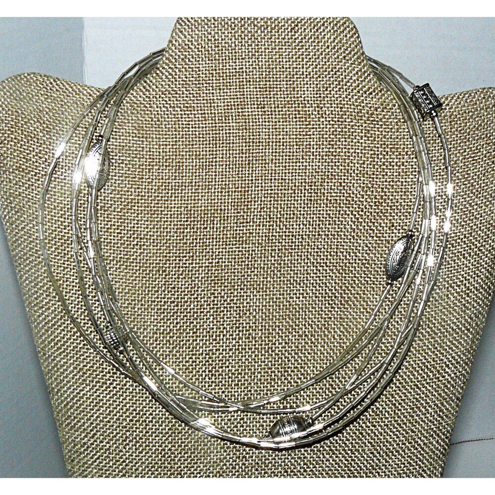 Multi-Strand Bugle Bead Tube Necklace Silver Tone Accent Beads Magnetic Clasp